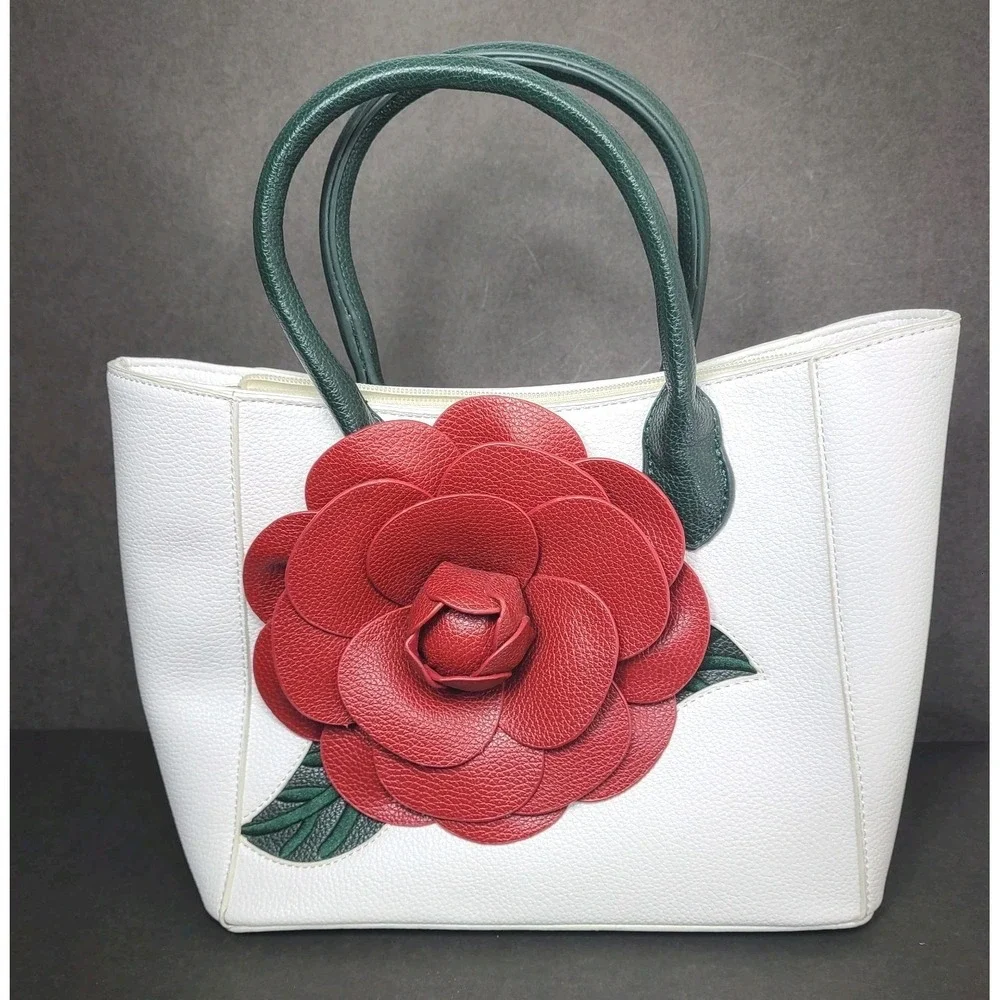 Red Rose Applique White Purse Faux Leather Shoulder Satchel Bag New 13x9